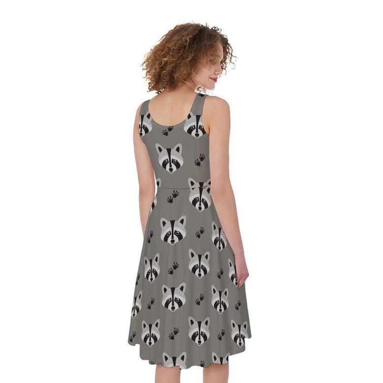 Grey Raccoon Pattern Print Sleeveless Knee Length Dress