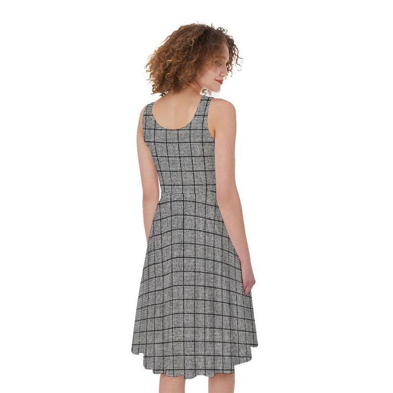 Grey Windowpane Pattern Print Sleeveless Knee Length Dress