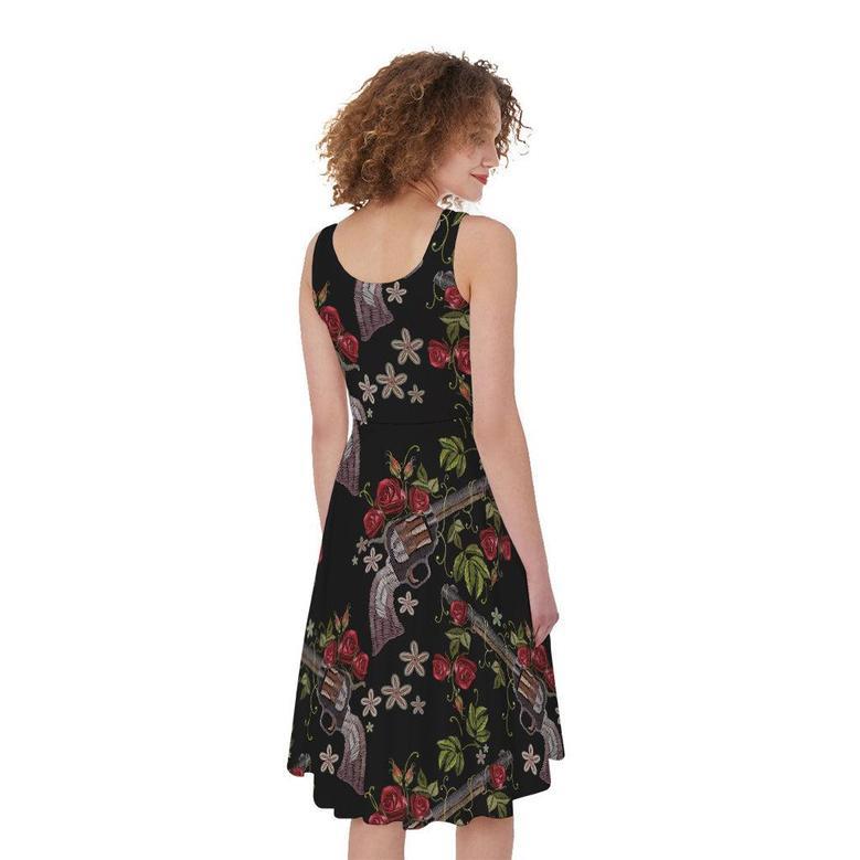 Guns And Flowers Pattern Print Sleeveless Knee Length Dress