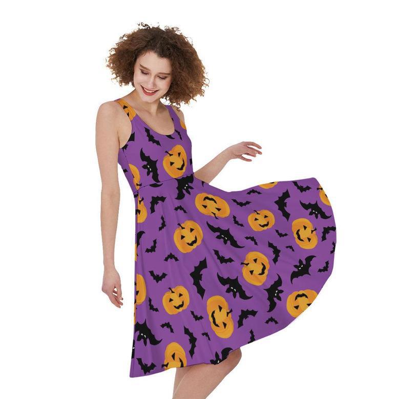 Halloween Bat And Pumpkin Pattern Print Sleeveless Knee Length Dress