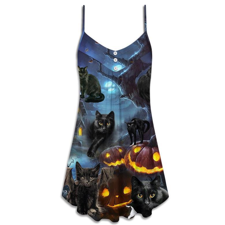 Halloween Black Cat Dark Night Style - V-Neck Sleeveless Cami Dress