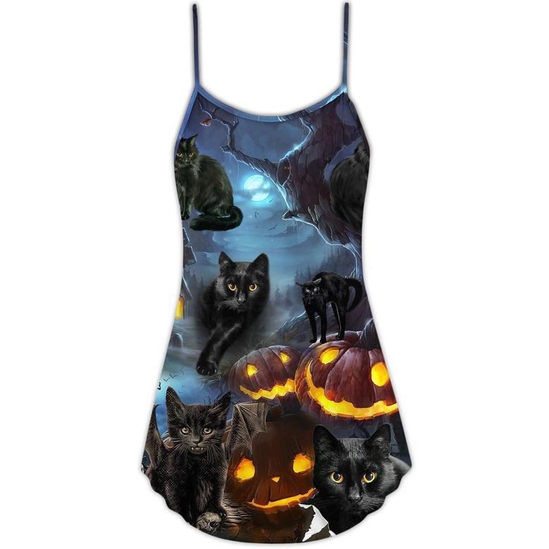 Halloween Black Cat Dark Night Style - V-Neck Sleeveless Cami Dress