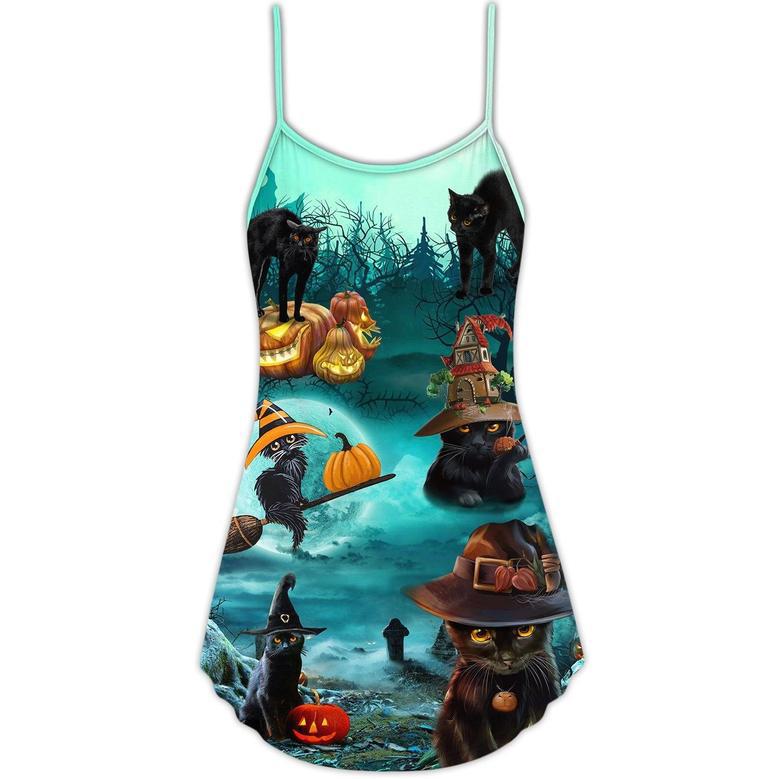 Halloween Black Cat Pumpkin Scary Style - V-Neck Sleeveless Cami Dress