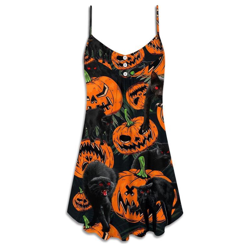 Halloween Black Cat Pumpkin Scary Tropical - V-Neck Sleeveless Cami Dress