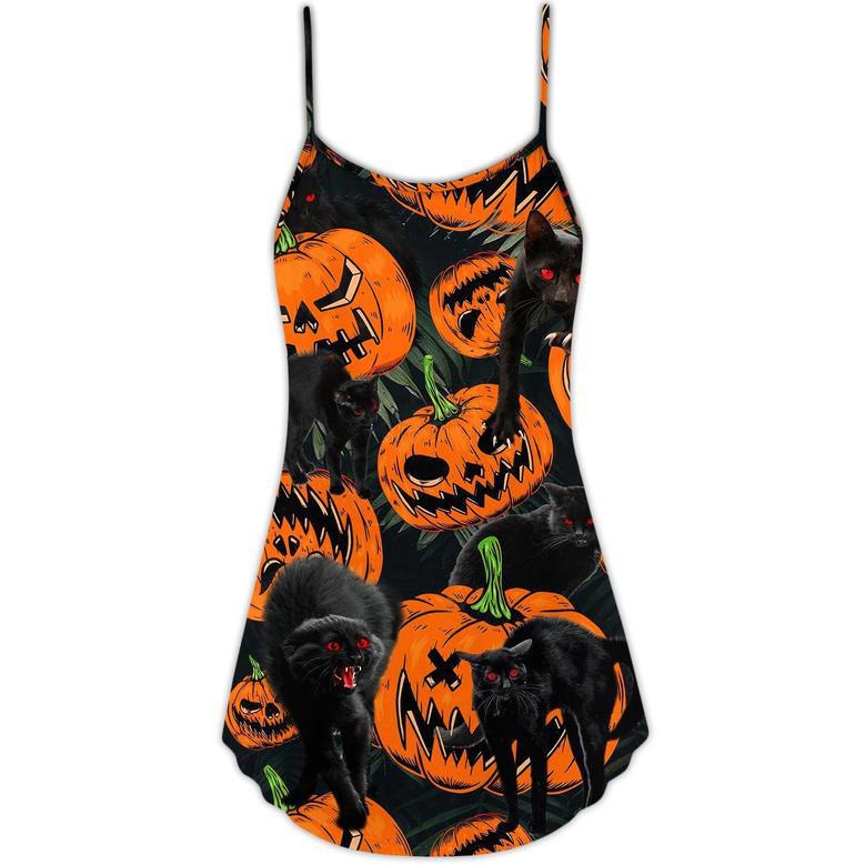 Halloween Black Cat Pumpkin Scary Tropical - V-Neck Sleeveless Cami Dress