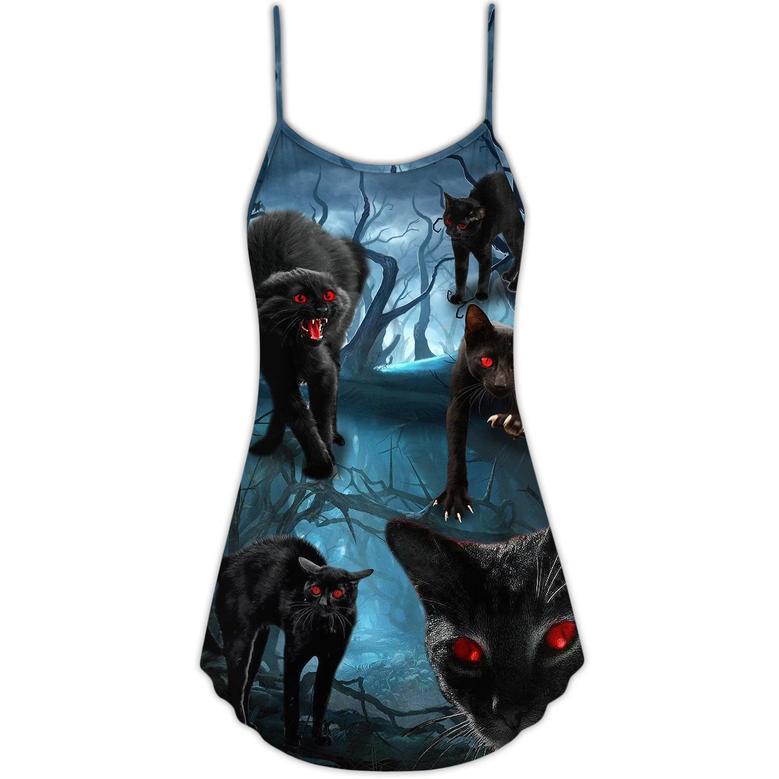 Halloween Black Cat Scary Style - V-Neck Sleeveless Cami Dress