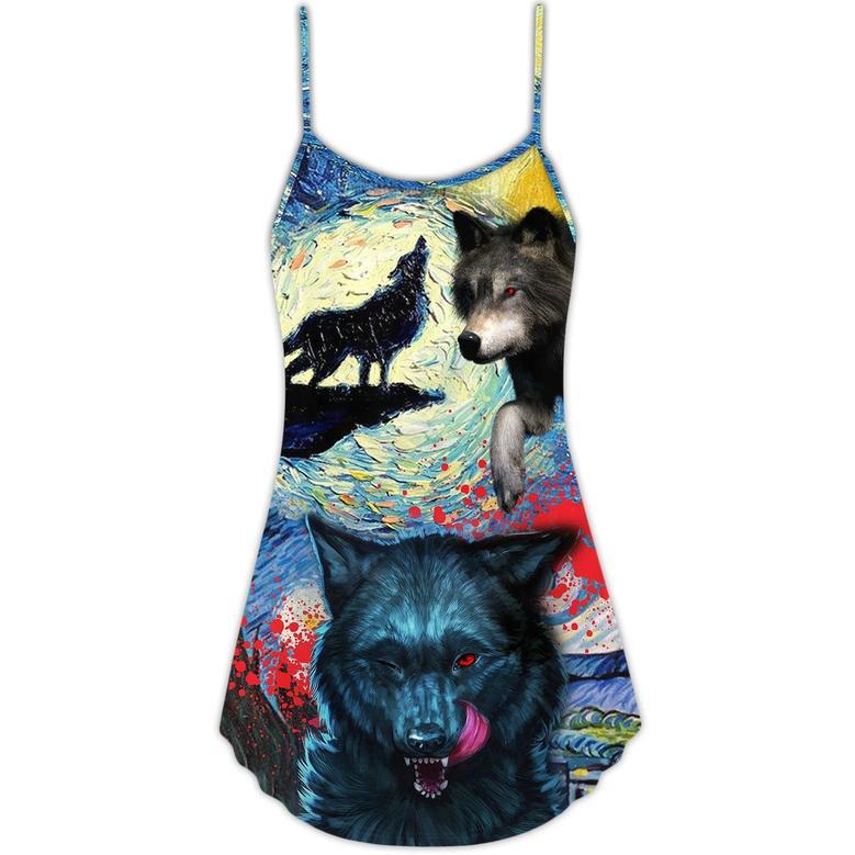 Halloween Black Wolf Crazy Starry Night Blood Art Style - V-Neck Sleeveless Cami Dress