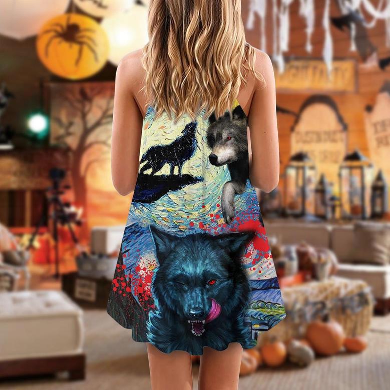 Halloween Black Wolf Crazy Starry Night Blood Art Style - V-Neck Sleeveless Cami Dress