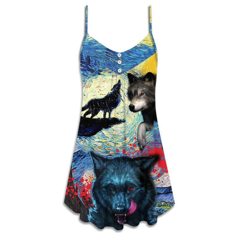 Halloween Black Wolf Crazy Starry Night Blood Art Style - V-Neck Sleeveless Cami Dress