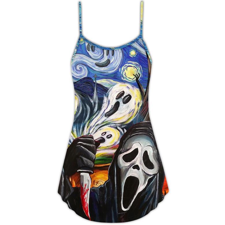 Halloween Ghost Scream Starry Night Funny Boo Art Style - V-Neck Sleeveless Cami Dress