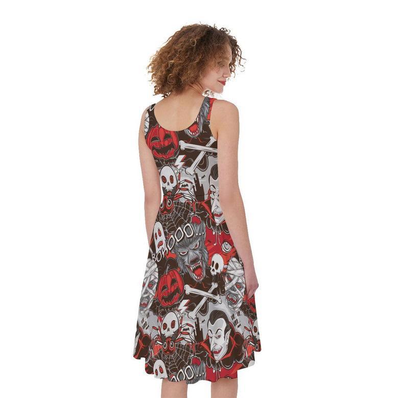 Halloween Monsters Pattern Print Sleeveless Knee Length Dress