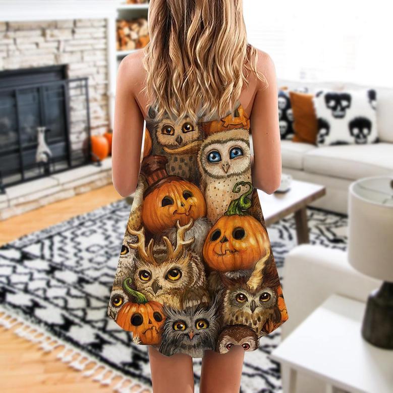 Halloween Owl Pumpkin Pattern - V-Neck Sleeveless Cami Dress