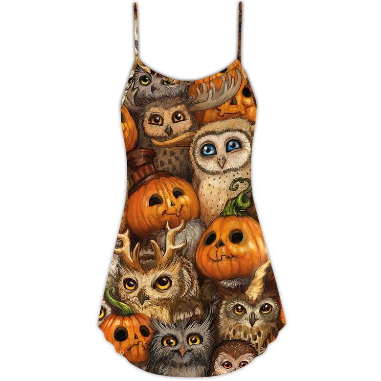 Halloween Owl Pumpkin Pattern - V-Neck Sleeveless Cami Dress