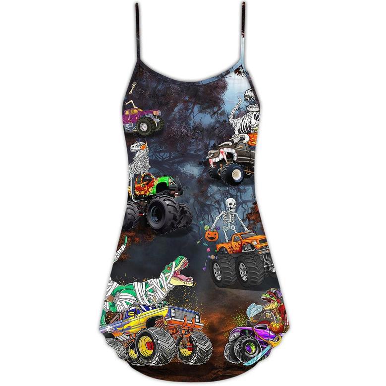 Halloween Skeleton Dinosaur Driving Monster Truck - V-Neck Sleeveless Cami Dress