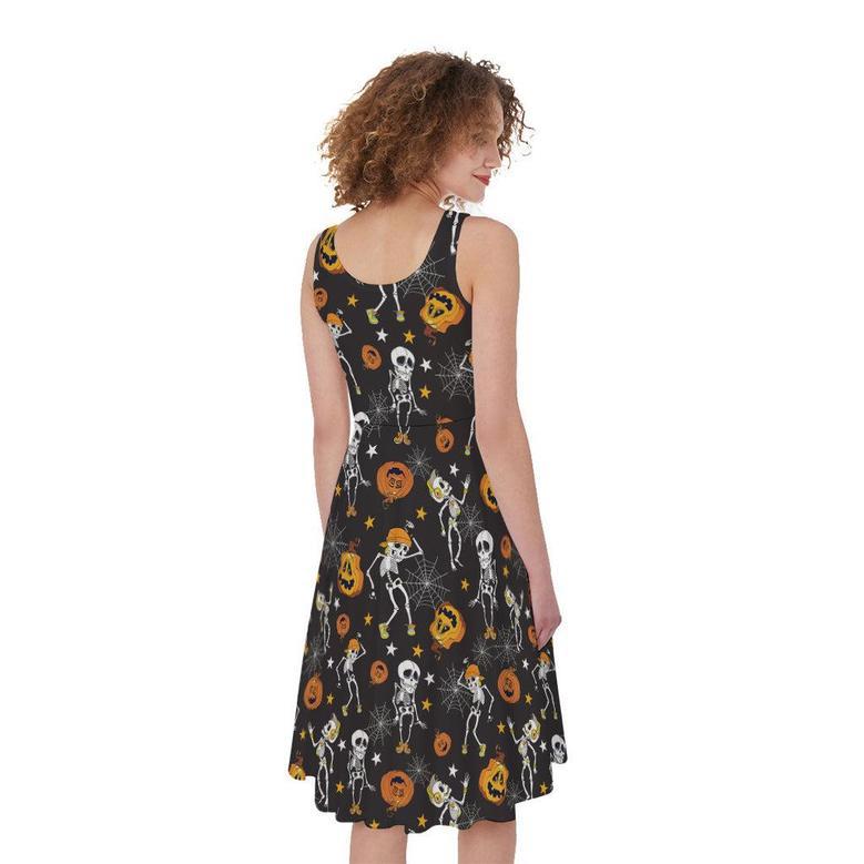 Halloween Skeleton Party Pattern Print Sleeveless Knee Length Dress