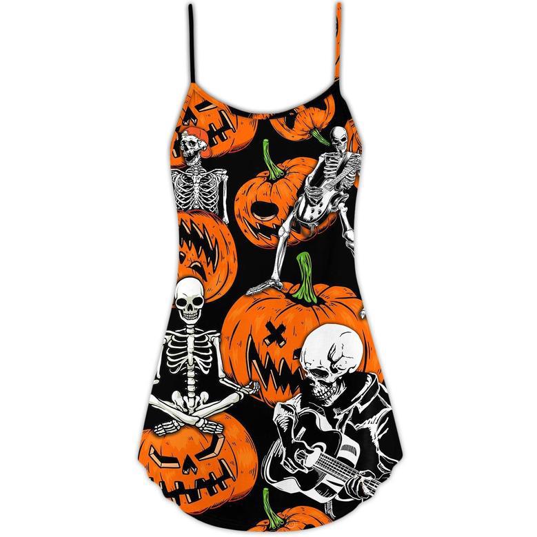 Halloween Skeleton Pumpkin Scary - V-Neck Sleeveless Cami Dress