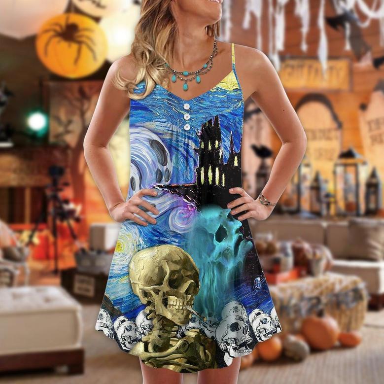 Halloween Skull Smoke Scream Starry Night Funny Boo Art Style - V-Neck Sleeveless Cami Dress