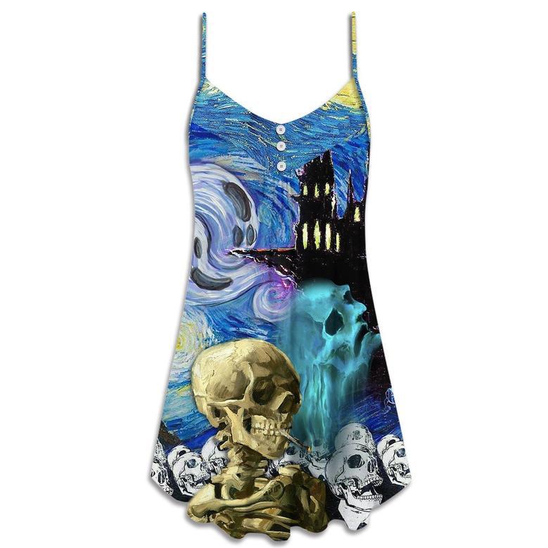 Halloween Skull Smoke Scream Starry Night Funny Boo Art Style - V-Neck Sleeveless Cami Dress