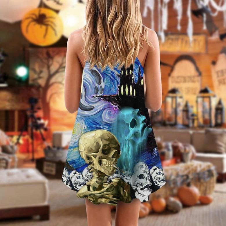 Halloween Skull Smoke Scream Starry Night Funny Boo Art Style - V-Neck Sleeveless Cami Dress