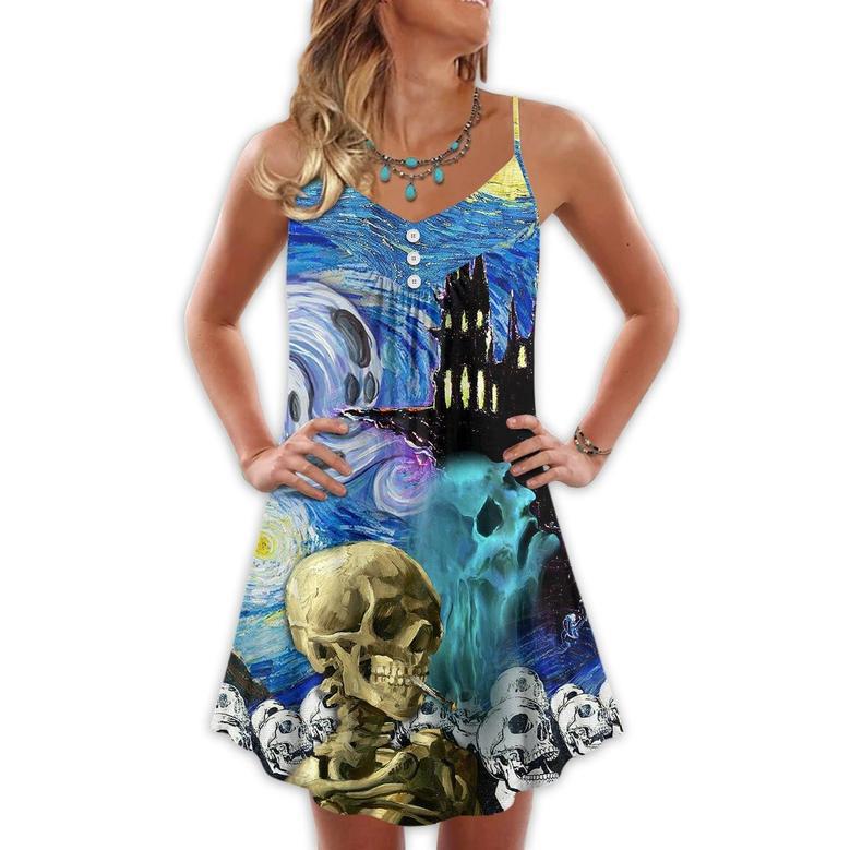 Halloween Skull Smoke Scream Starry Night Funny Boo Art Style - V-Neck Sleeveless Cami Dress