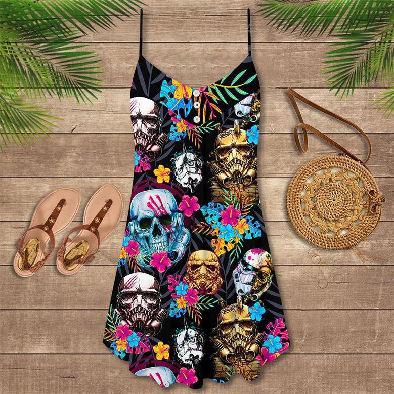 Halloween Starwars Stormtrooper Skull Tropical Neon - V-Neck Sleeveless Cami Dress