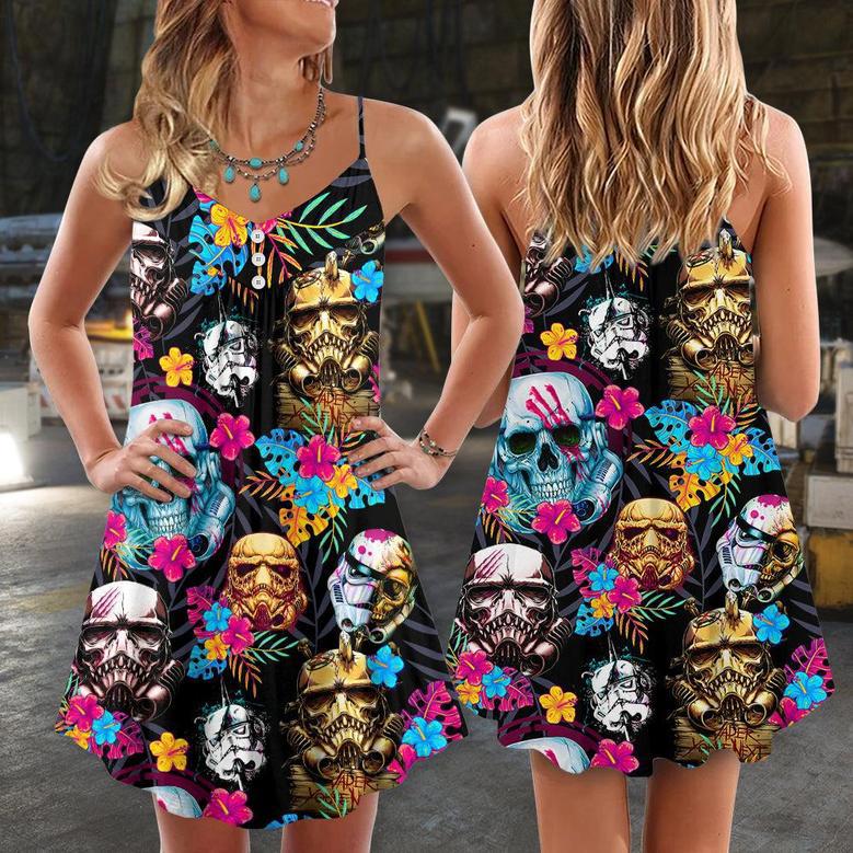 Halloween Starwars Stormtrooper Skull Tropical Neon - V-Neck Sleeveless Cami Dress