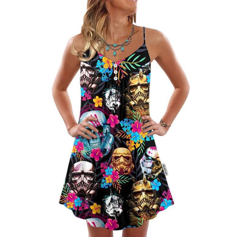 Halloween Starwars Stormtrooper Skull Tropical Neon - V-Neck Sleeveless Cami Dress