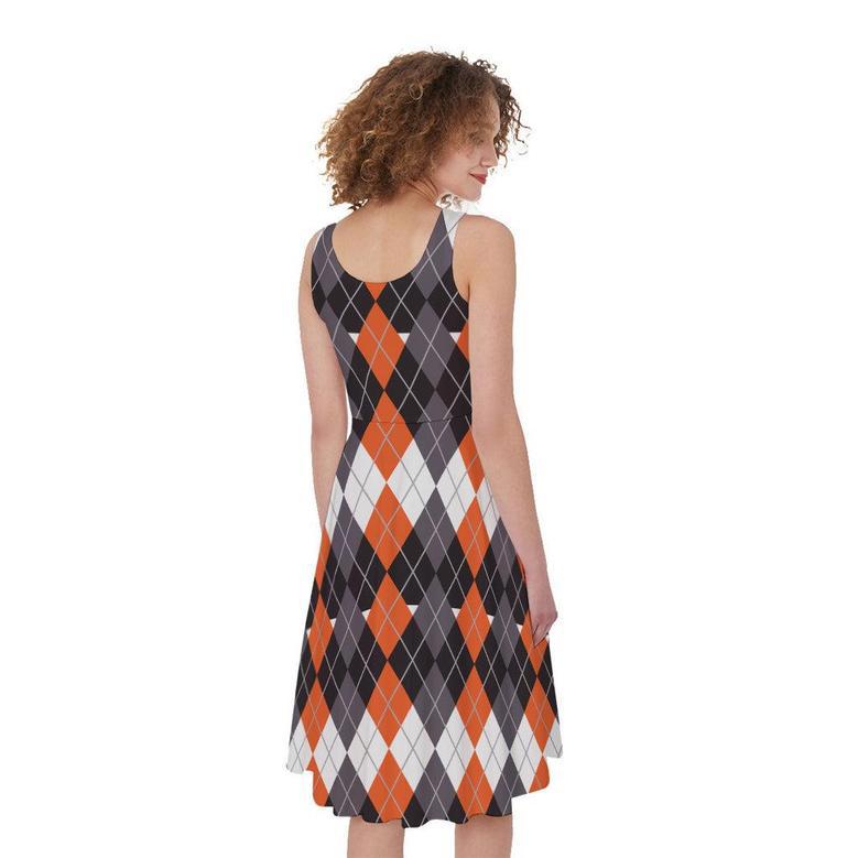 Halloween Themed Argyle Pattern Print Sleeveless Knee Length Dress