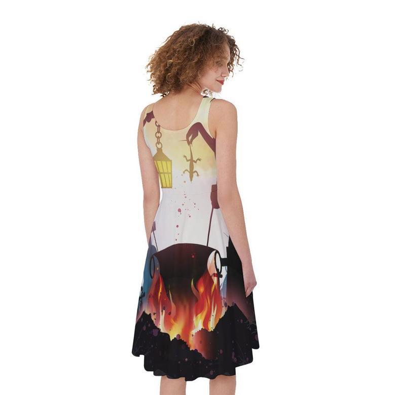 Halloween Witch And Cauldron Print Sleeveless Knee Length Dress