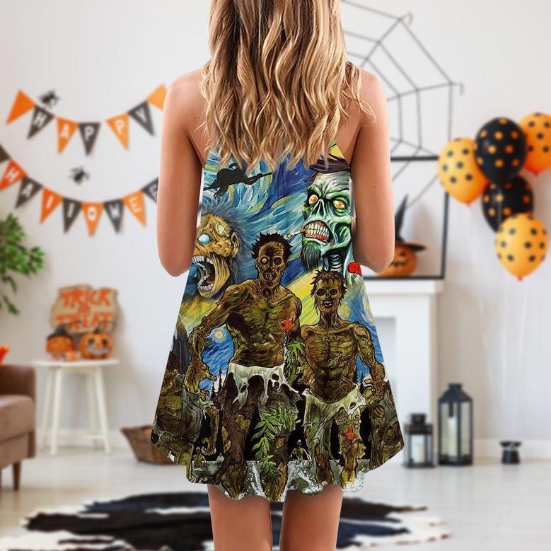 Halloween Zombie Crazy Starry Night Funny Boo Art Style - V-Neck Sleeveless Cami Dress