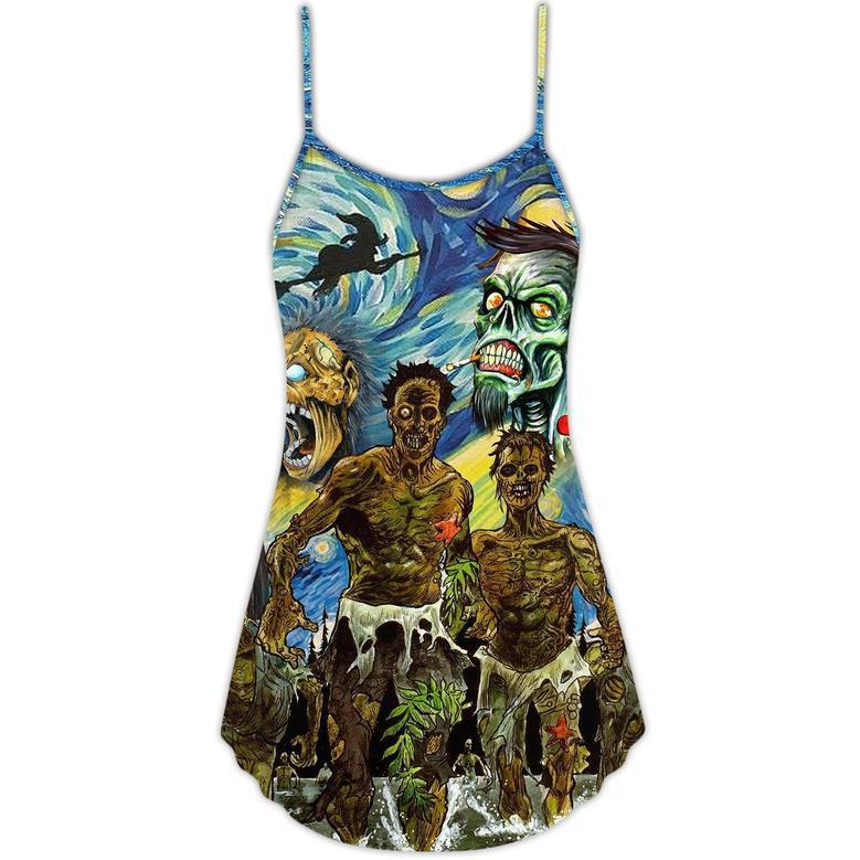 Halloween Zombie Crazy Starry Night Funny Boo Art Style - V-Neck Sleeveless Cami Dress