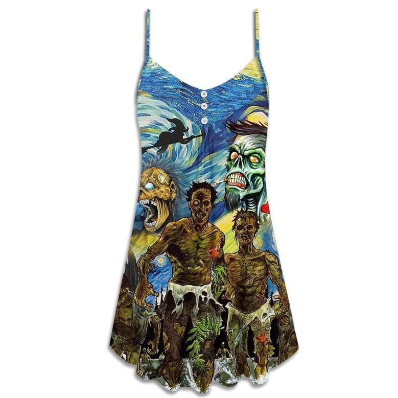 Halloween Zombie Crazy Starry Night Funny Boo Art Style - V-Neck Sleeveless Cami Dress