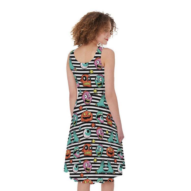 Halloween Zombie Striped Pattern Print Sleeveless Knee Length Dress