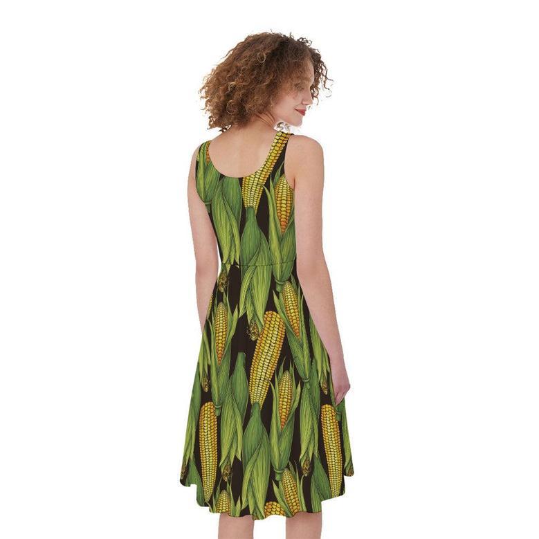 Hand-Drawn Corncob Pattern Print Sleeveless Knee Length Dress