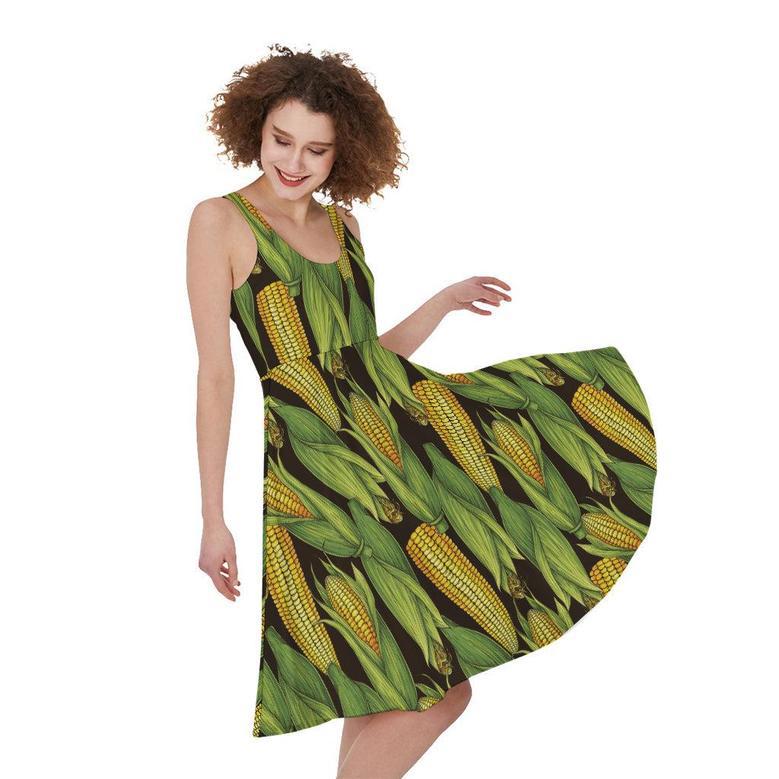 Hand-Drawn Corncob Pattern Print Sleeveless Knee Length Dress