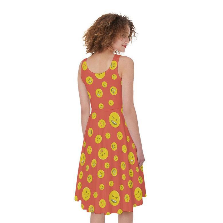 Happy Emoji Pattern Print Sleeveless Knee Length Dress