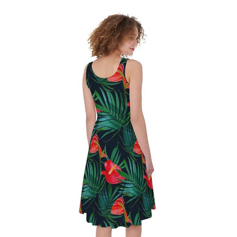 Hawaiian Tropical Flowers Pattern Print Sleeveless Knee Length Dress