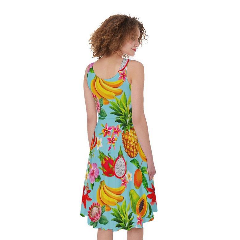 Hawaiian Tropical Fruits Pattern Print Sleeveless Knee Length Dress