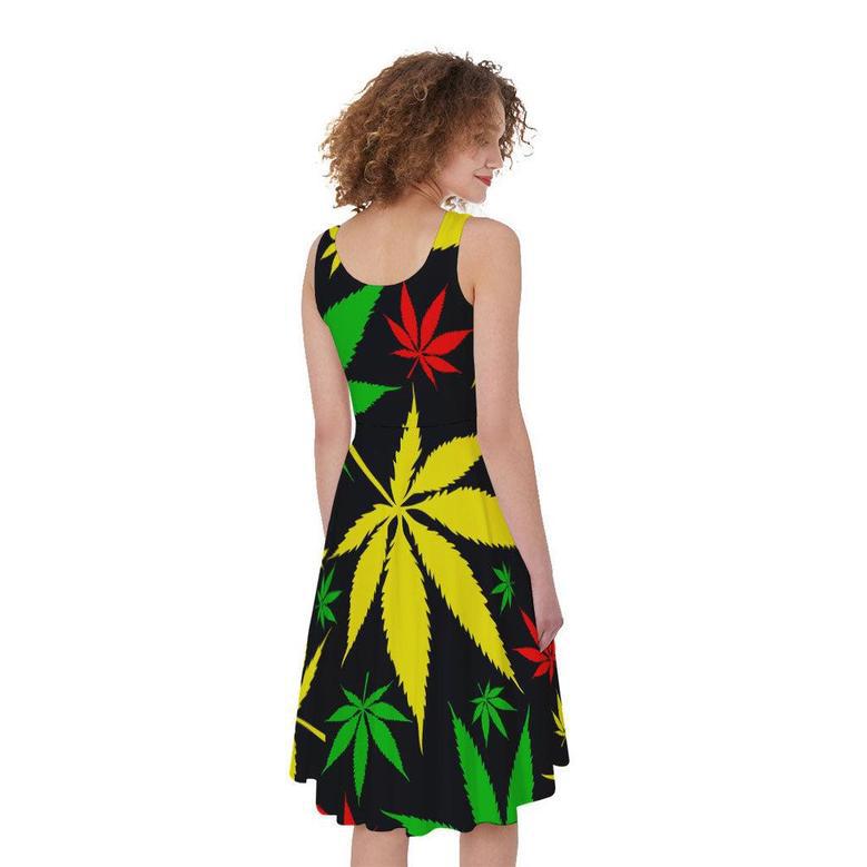 Hemp Leaves Reggae Pattern Print Sleeveless Knee Length Dress