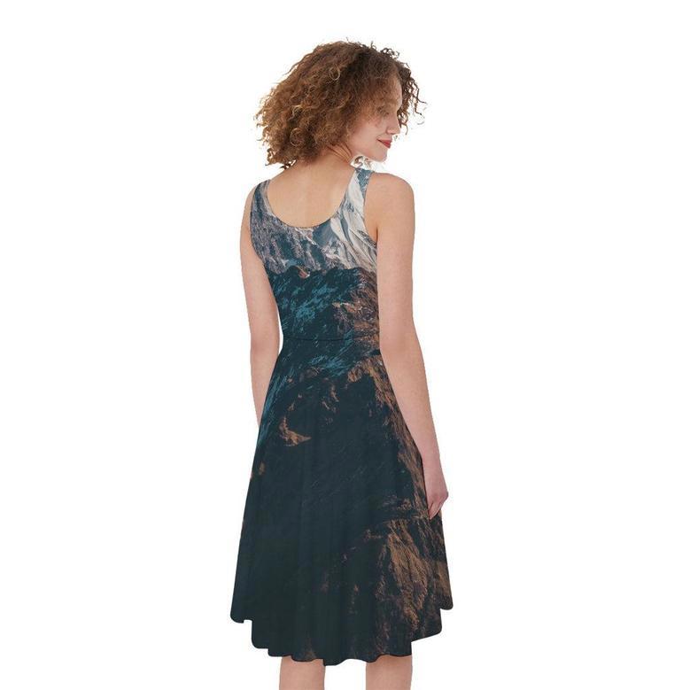 Himalaya Mountain Print Sleeveless Knee Length Dress