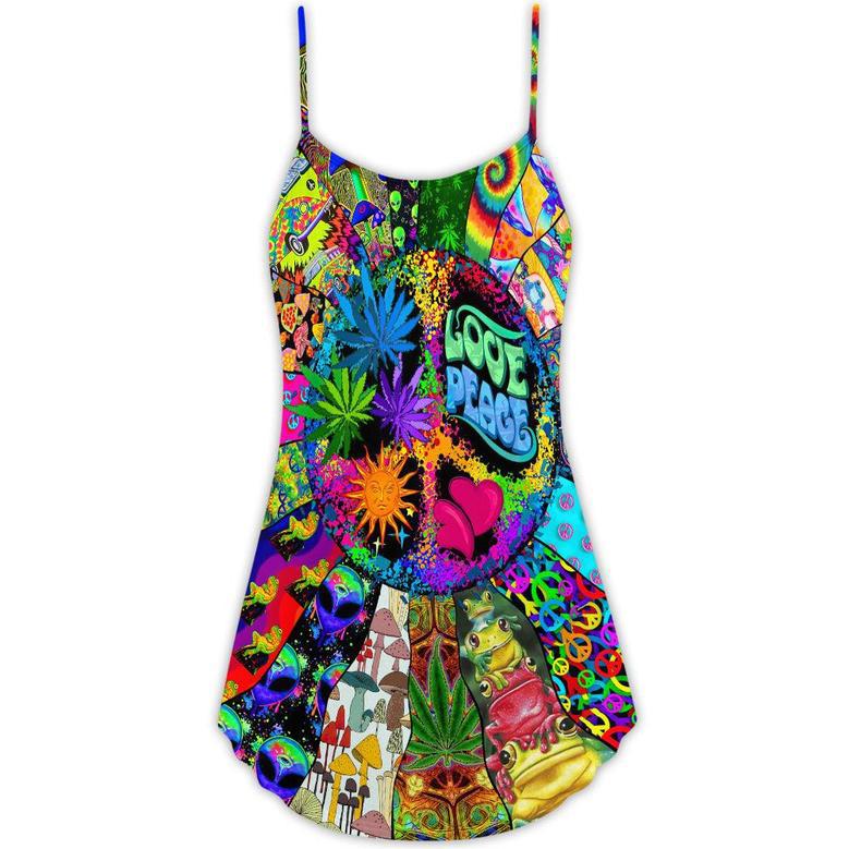 Hippie Alien Frogs Love Peace - V-Neck Sleeveless Cami Dress