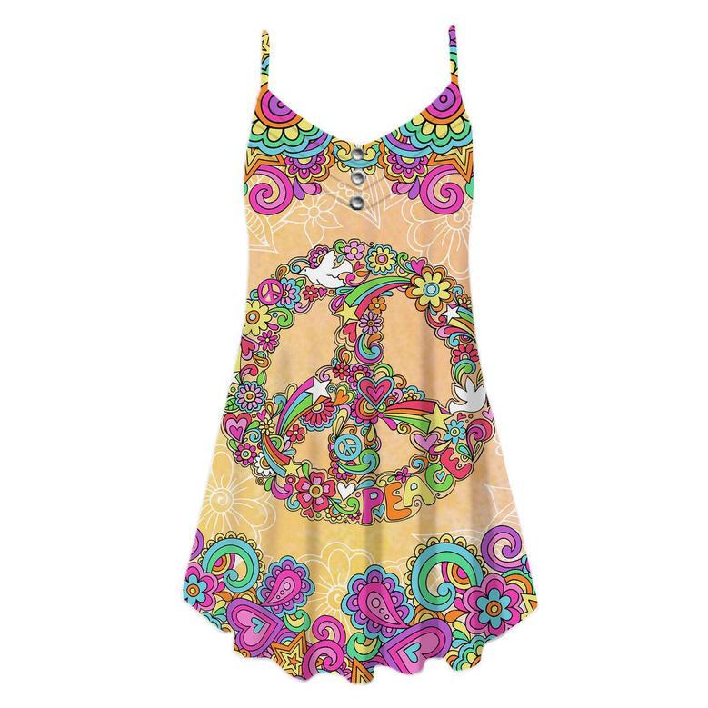 Hippie Boho Gift for Hippies Colorful Floral Peace Spaghetti Strap Summer Dress