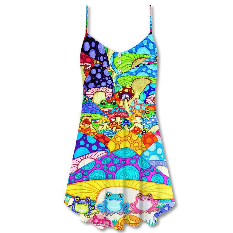 Hippie Frog Mushroom Hippie Colorful Art Peace - V-Neck Sleeveless Cami Dress