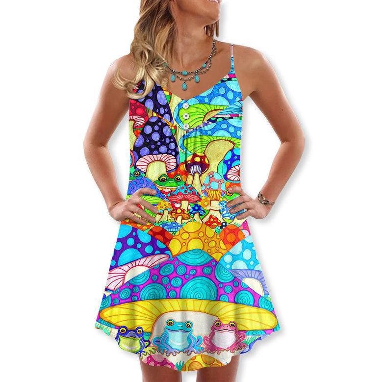 Hippie Frog Mushroom Hippie Colorful Art Peace - V-Neck Sleeveless Cami Dress