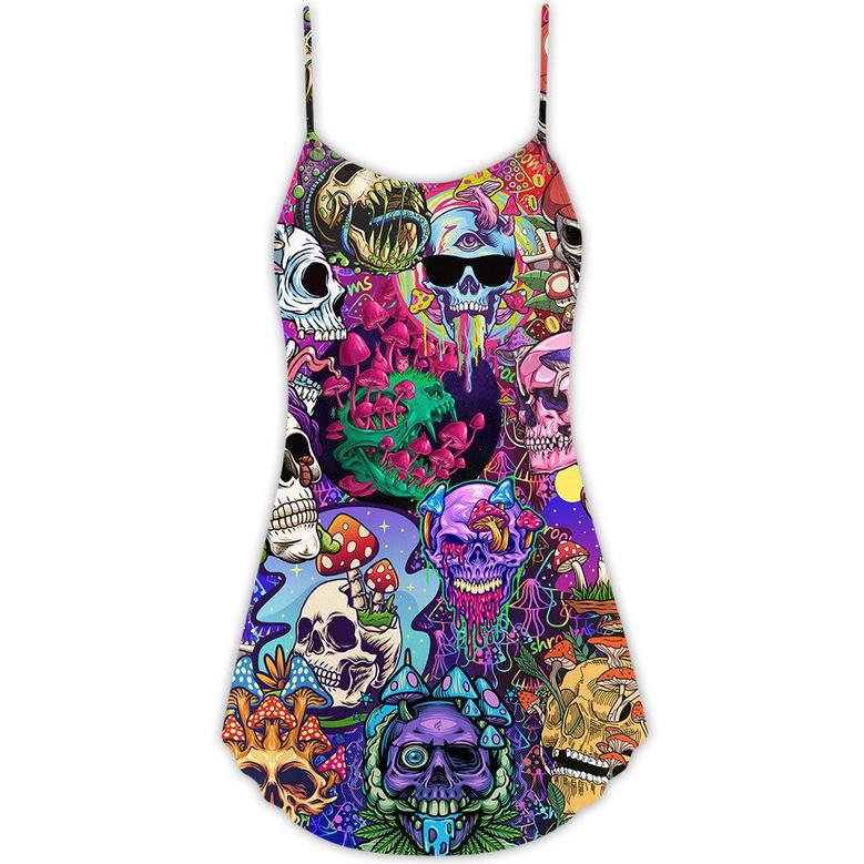 Hippie Mushroom And Skull Colorful Art - V-Neck Sleeveless Cami Dress