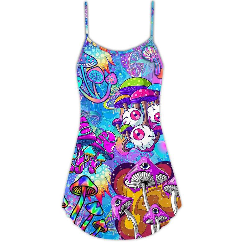 Hippie Mushroom Colorful Cool Style - V-Neck Sleeveless Cami Dress