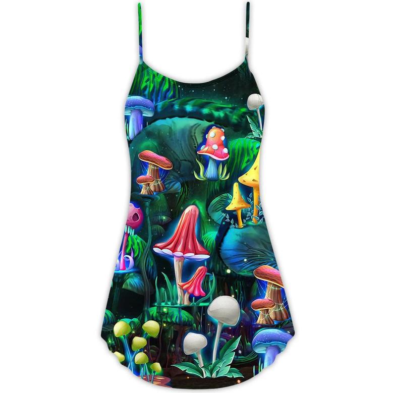 Hippie Mushroom Galaxy Neon Art - V-Neck Sleeveless Cami Dress