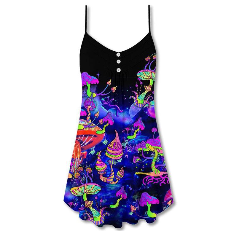 Hippie Mushroom Galaxy Neon Colorful Art - V-Neck Sleeveless Cami Dress