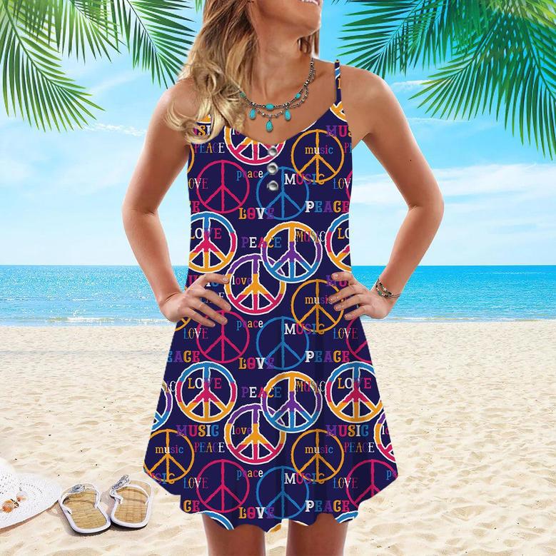 Hippie Peace Love Music Spaghetti Strap Summer Dress