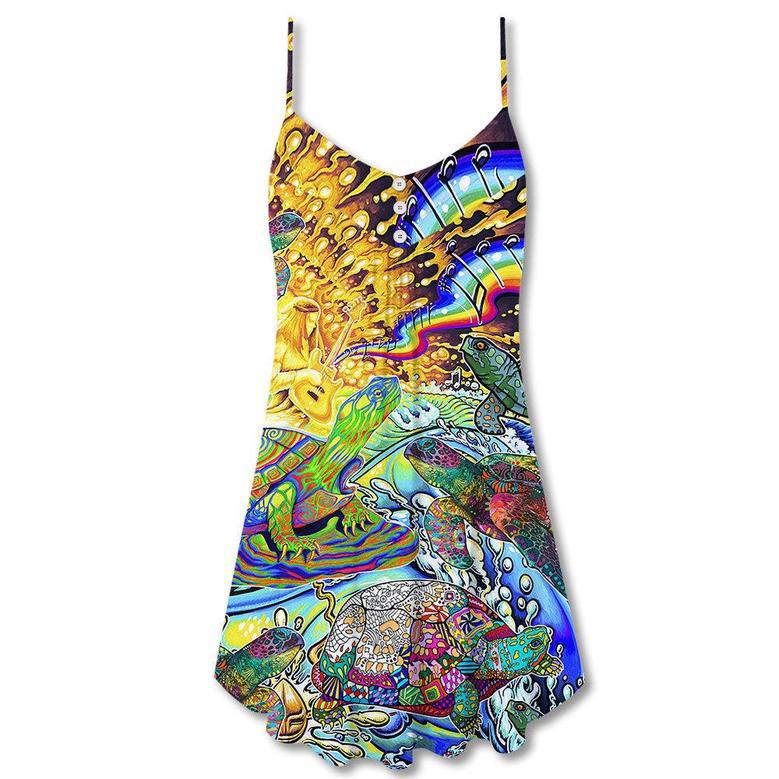 Hippie Turtle Colorful Art Peace - V-Neck Sleeveless Cami Dress